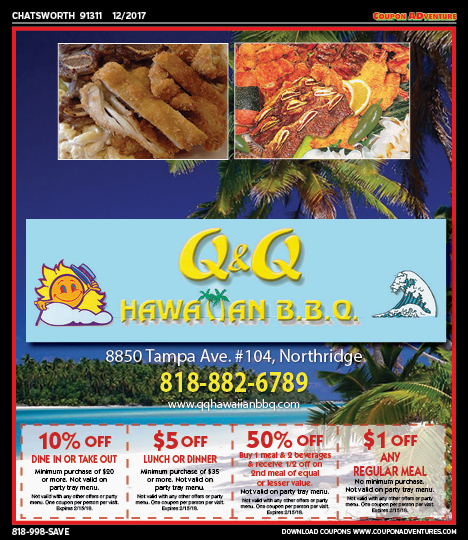 Q&Q Hawaiian BBQ, Chatsworth, coupons, direct mail, discounts, marketing, Southern California