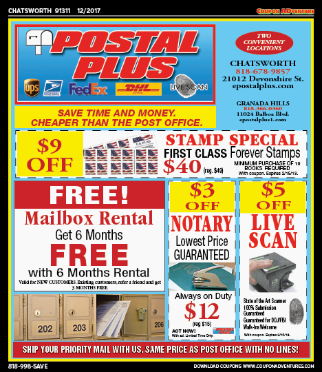 Postal Plus, Chatsworth, coupons, direct mail, discounts, marketing, Southern California