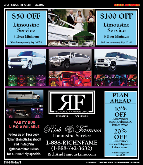 Rich & Famous Limousine Service, Chatsworth, coupons, direct mail, discounts, marketing, Southern California