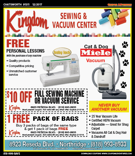 Kingdom Sewing & Vacuum Center, Chatsworth, coupons, direct mail, discounts, marketing, Southern California