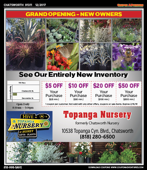 Topanga Nursery, Chatsworth, coupons, direct mail, discounts, marketing, Southern California