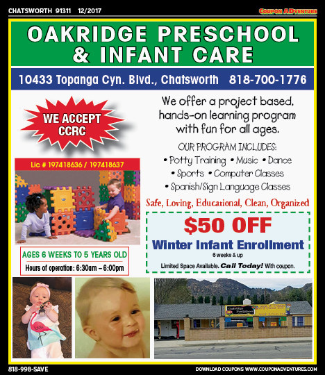 Oakridge Preschool & Infant Care, Chatsworth, coupons, direct mail, discounts, marketing, Southern California