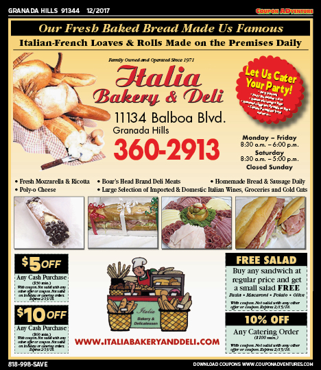 Italia Bakery & Deli, Granada Hills, coupons, direct mail, discounts, marketing, Southern California