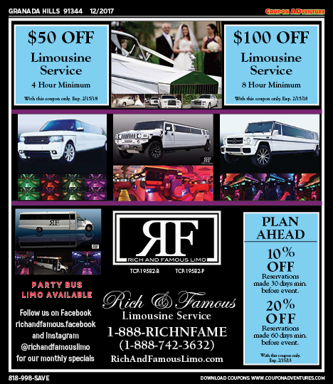 Rich & Famous Limousine Service, Granada Hills, coupons, direct mail, discounts, marketing, Southern California