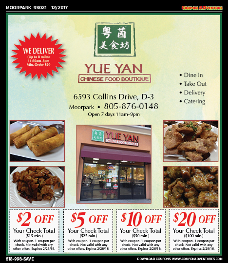 Yue Yan Chinese Food Boutique, Moorpark, coupons, direct mail, discounts, marketing, Southern California