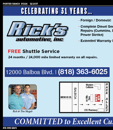 Rick's Automotive, Porter Ranch, coupons, direct mail, discounts, marketing, Southern California