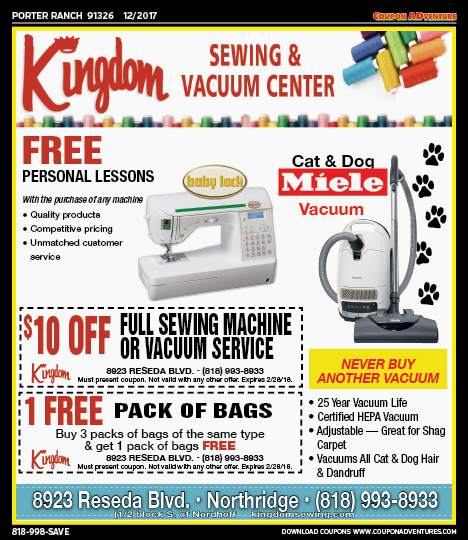 Kingdom Sewing & Vacuum Center, Porter Ranch, coupons, direct mail, discounts, marketing, Southern California