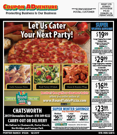 Round Table Pizza, Porter Ranch, coupons, direct mail, discounts, marketing, Southern California