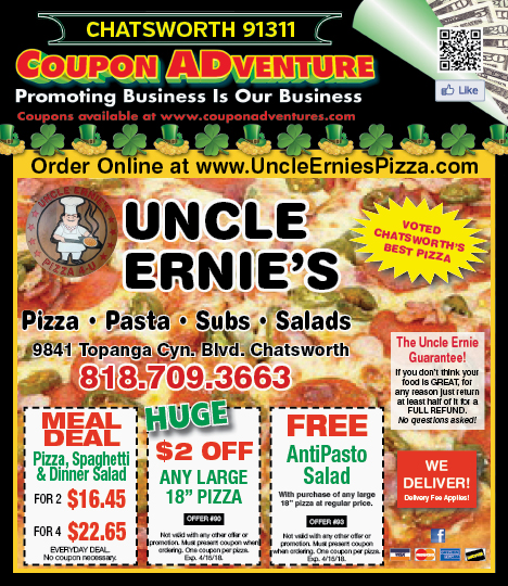 Uncle Ernie's Pizza, Chatsworth, coupons, direct mail, discounts, marketing, Southern California