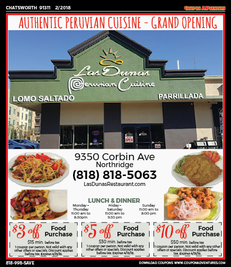 Las Dunas Peruvian Cuisine, Chatsworth, coupons, direct mail, discounts, marketing, Southern California