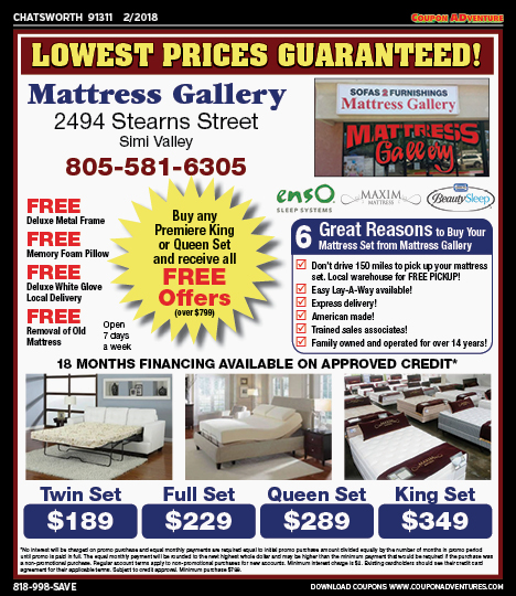 Mattress Gallery, Chatsworth, coupons, direct mail, discounts, marketing, Southern California