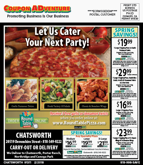 Round Table Pizza, Chatsworth, coupons, direct mail, discounts, marketing, Southern California