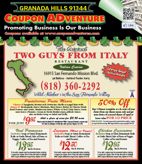 Two Guys from Italy, Granada Hills, coupons, direct mail, discounts, marketing, Southern California