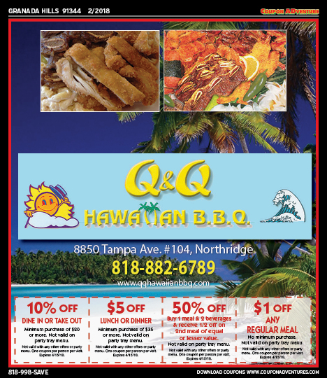 Q&Q Hawaiian BBQ, Granada Hills, coupons, direct mail, discounts, marketing, Southern California