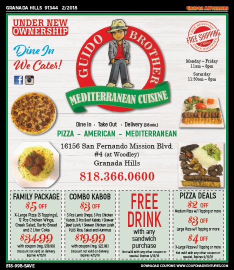 Guide Brothers Mediterranean Cuisine, Granada Hills, coupons, direct mail, discounts, marketing, Southern California