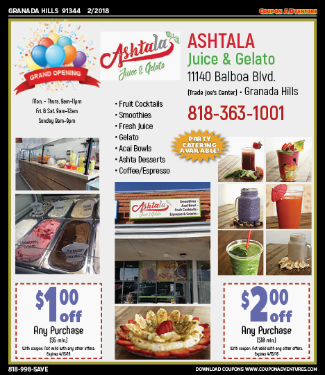 Ashtala Juice & Gelato, Granada Hills, coupons, direct mail, discounts, marketing, Southern California