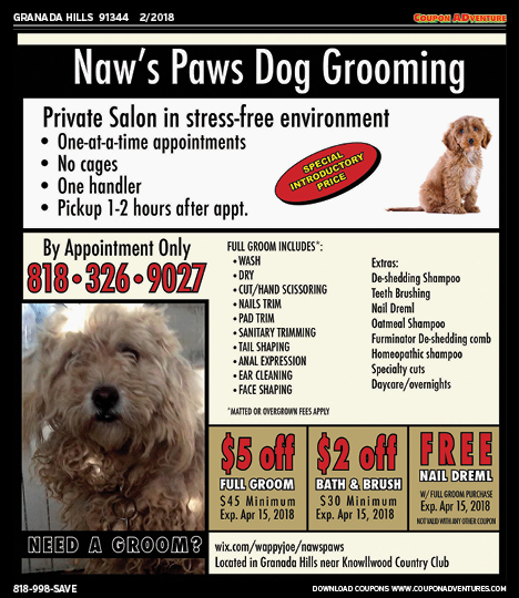 Naw's Paws Dog Grooming, Granada Hills, coupons, direct mail, discounts, marketing, Southern California