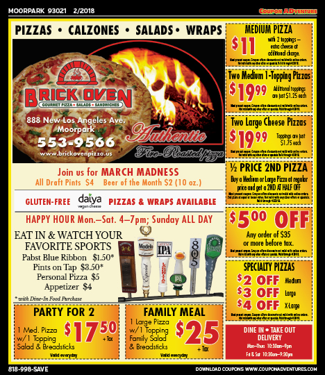 Brick Oven Pizza, Moorpark, coupons, direct mail, discounts, marketing, Southern California