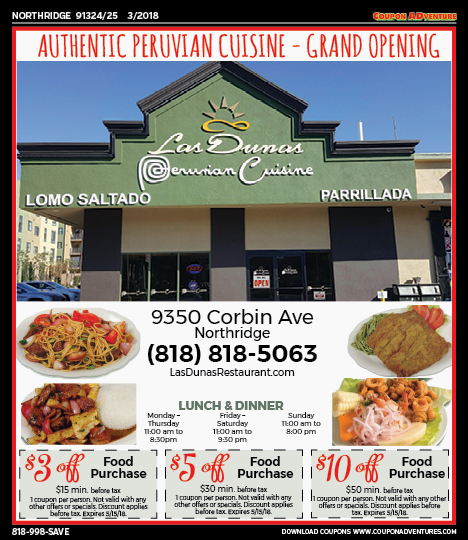 Las Dunas Peruvian Cuisince, Northridge, coupons, direct mail, discounts, marketing, Southern California