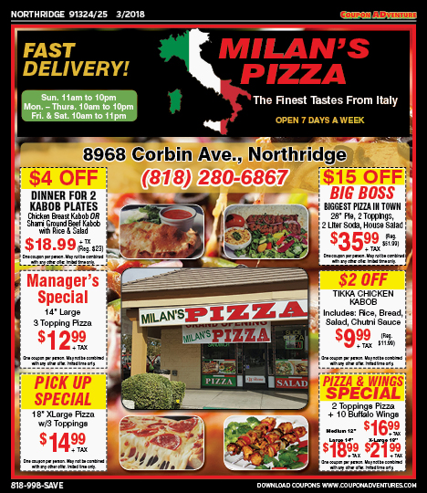 Milan's Pizza, Northridge, coupons, direct mail, discounts, marketing, Southern California