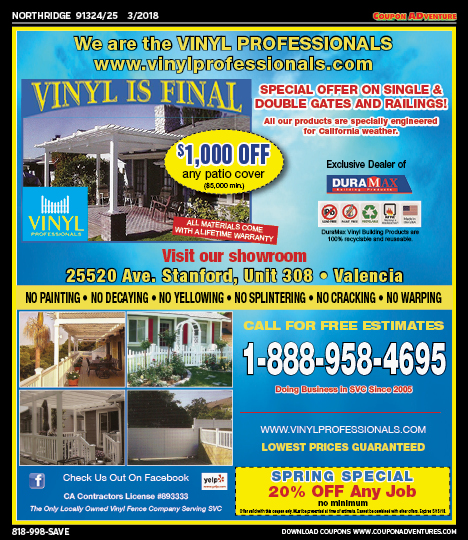 Vinyl Professionals, Northridge, coupons, direct mail, discounts, marketing, Southern California