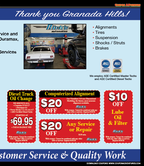 Rick's Automotive, Porter Ranch, coupons, direct mail, discounts, marketing, Southern California