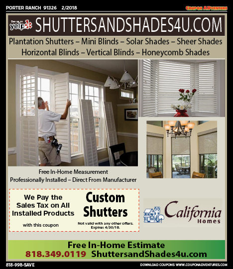 Shutters and Shades 4U, Porter Ranch, coupons, direct mail, discounts, marketing, Southern California