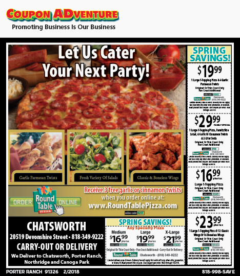 Round Table Pizza, Porter Ranch, coupons, direct mail, discounts, marketing, Southern California