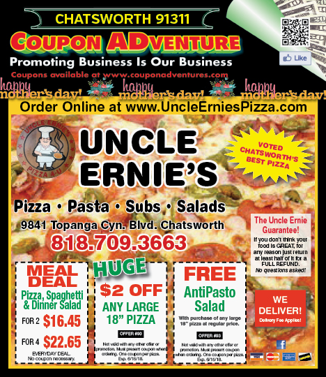 Uncle Ernie's Pizza, Chatsworth, coupons, direct mail, discounts, marketing, Southern California