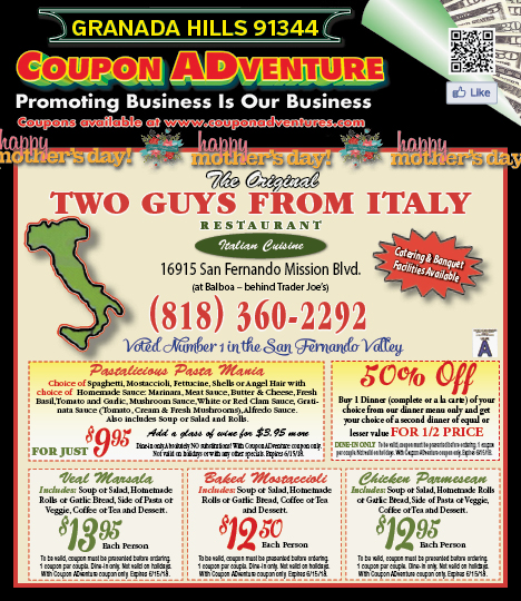 Two Guys from Italy, Granada Hills, coupons, direct mail, discounts, marketing, Southern California