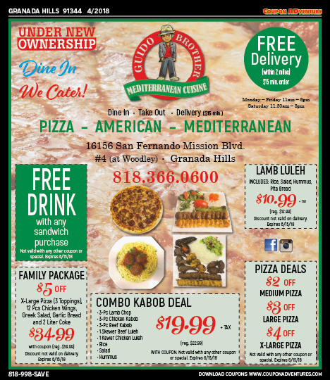 Guido Brothers Mediterranean Cuisine, Granada Hills, coupons, direct mail, discounts, marketing, Southern California