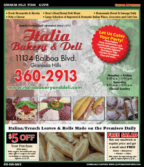 Italia Bakery & Deli, Granada Hills, coupons, direct mail, discounts, marketing, Southern California