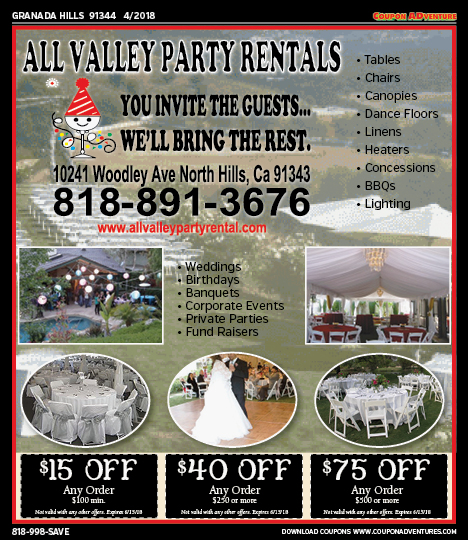All Valley Party Rentals, Granada Hills, coupons, direct mail, discounts, marketing, Southern California