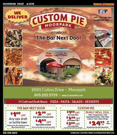 Custom Pie, The Bar Next Door, Moorpark, coupons, direct mail, discounts, marketing, Southern California