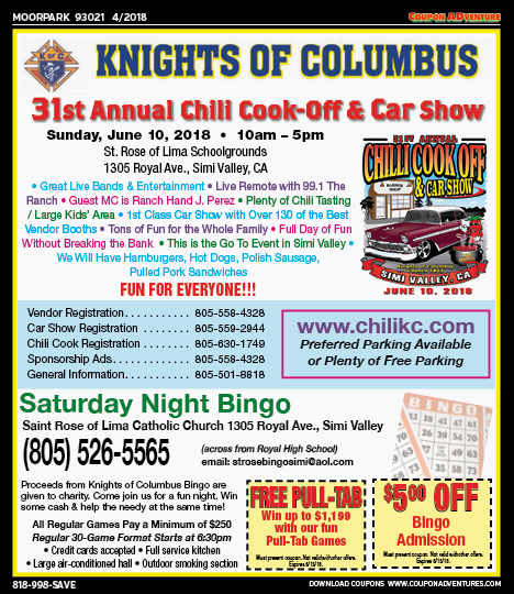 Knights of Columbus Chili Cook Off, Moorpark, coupons, direct mail, discounts, marketing, Southern California