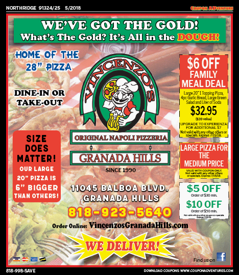 Vincenzo's Original Napoli Pizzeria, Northridge, coupons, direct mail, discounts, marketing, Southern California