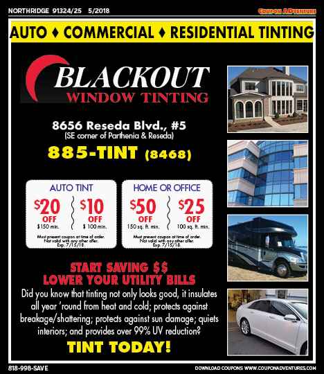 Blackout Window Tinting, Northridge, coupons, direct mail, discounts, marketing, Southern California