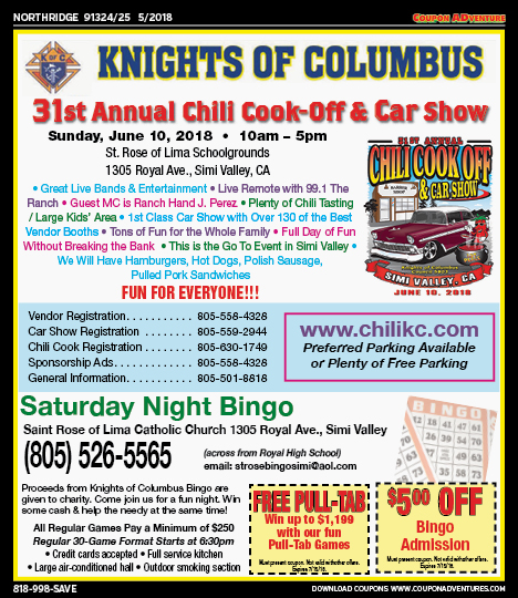 Knights of Columbus Chili Cook-Off & Car Show, Northridge, coupons, direct mail, discounts, marketing, Southern California