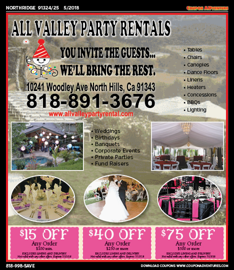 All Valley Party Rentals, Northridge, coupons, direct mail, discounts, marketing, Southern California