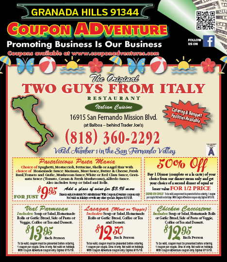 Two Guys from Italy, Granada Hills, coupons, direct mail, discounts, marketing, Southern California