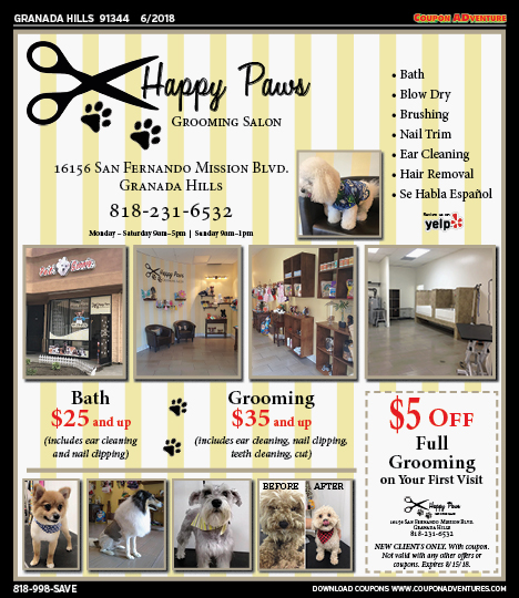 Happy Paws Grooming Salon, Granada Hills, coupons, direct mail, discounts, marketing, Southern California