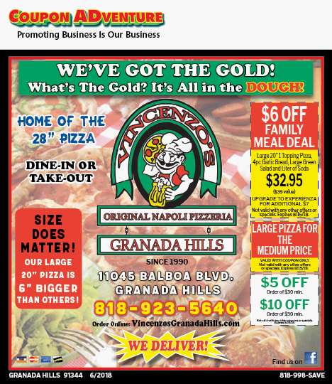 Vincenzo's Original Napoli Pizzeria, Granada Hills, coupons, direct mail, discounts, marketing, Southern California