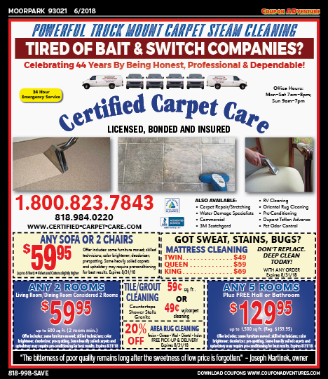 Certified Carpet Care, Moorpark, coupons, direct mail, discounts, marketing, Southern California