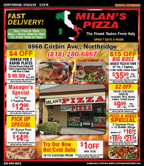 Milan's Pizza, Northridge, coupons, direct mail, discounts, marketing, Southern California