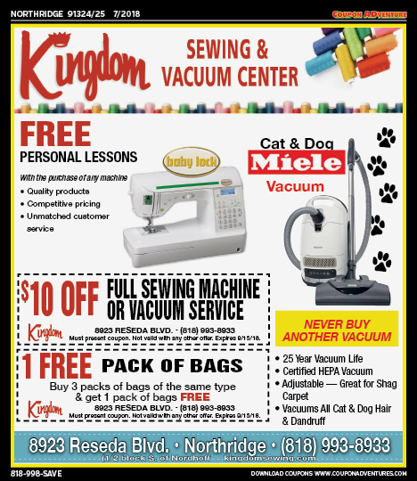 Kingdom Sewing & Vacuum Center, Northridge, coupons, direct mail, discounts, marketing, Southern California