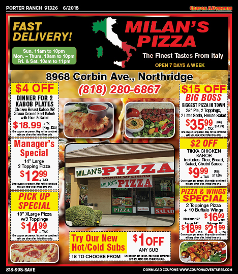 Milan's Pizza, Porter Ranch, coupons, direct mail, discounts, marketing, Southern California