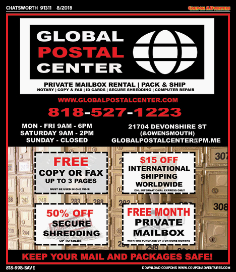 Global Postal Center, Chatsworth, coupons, direct mail, discounts, marketing, Southern California