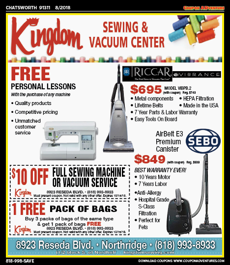 Kingdom Sewing & Vacuum Center, Chatsworth, coupons, direct mail, discounts, marketing, Southern California