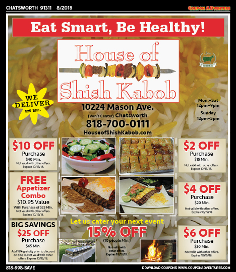 House of Shish Kabob, Chatsworth, coupons, direct mail, discounts, marketing, Southern California