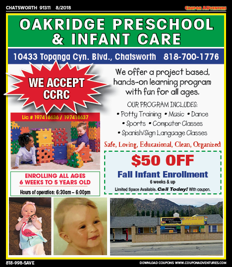 Oakridge Preschool & Infant Care, Chatsworth, coupons, direct mail, discounts, marketing, Southern California